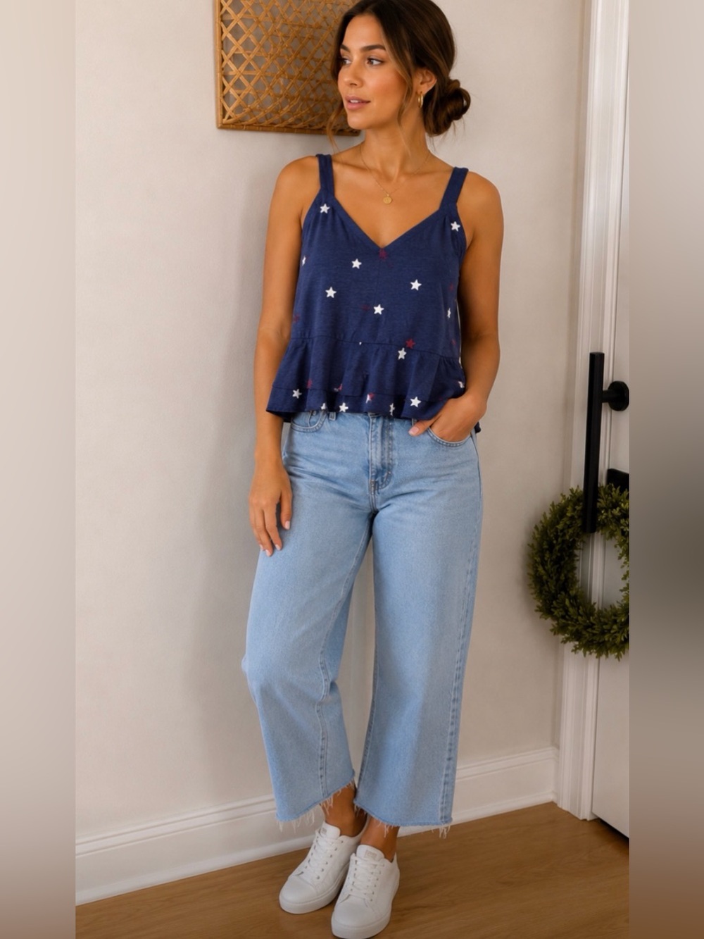 Chaser‎ Navy Star Peplum Tank Top small